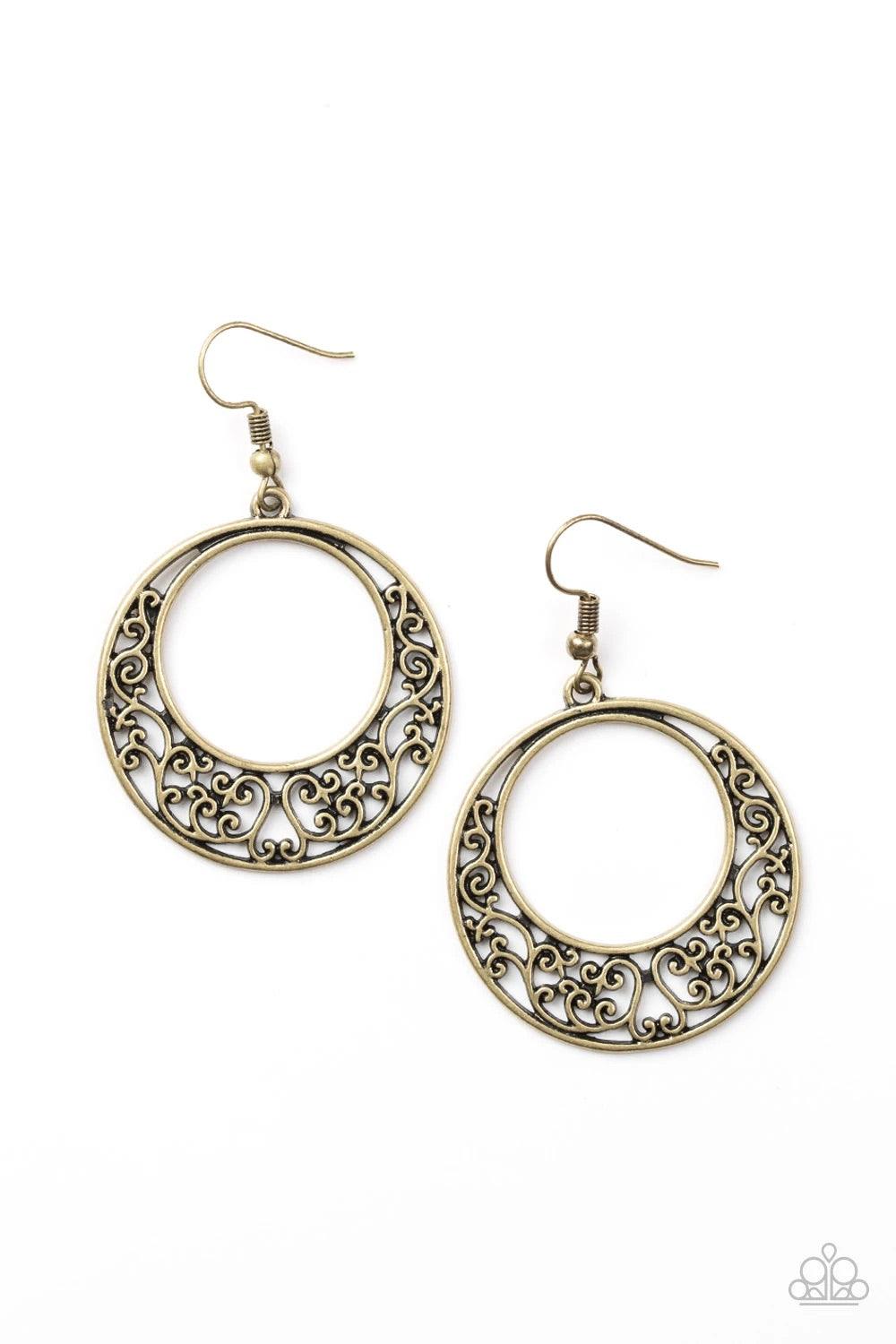 Paparazzi Accessories Newport Nautical ~Brass Brushed in a glistening finish, vine-like filigree climbs an airy brass frame for a seasonal look. Earring attaches to a standard fishhook fitting. Sold as one pair of earrings. Jewelry