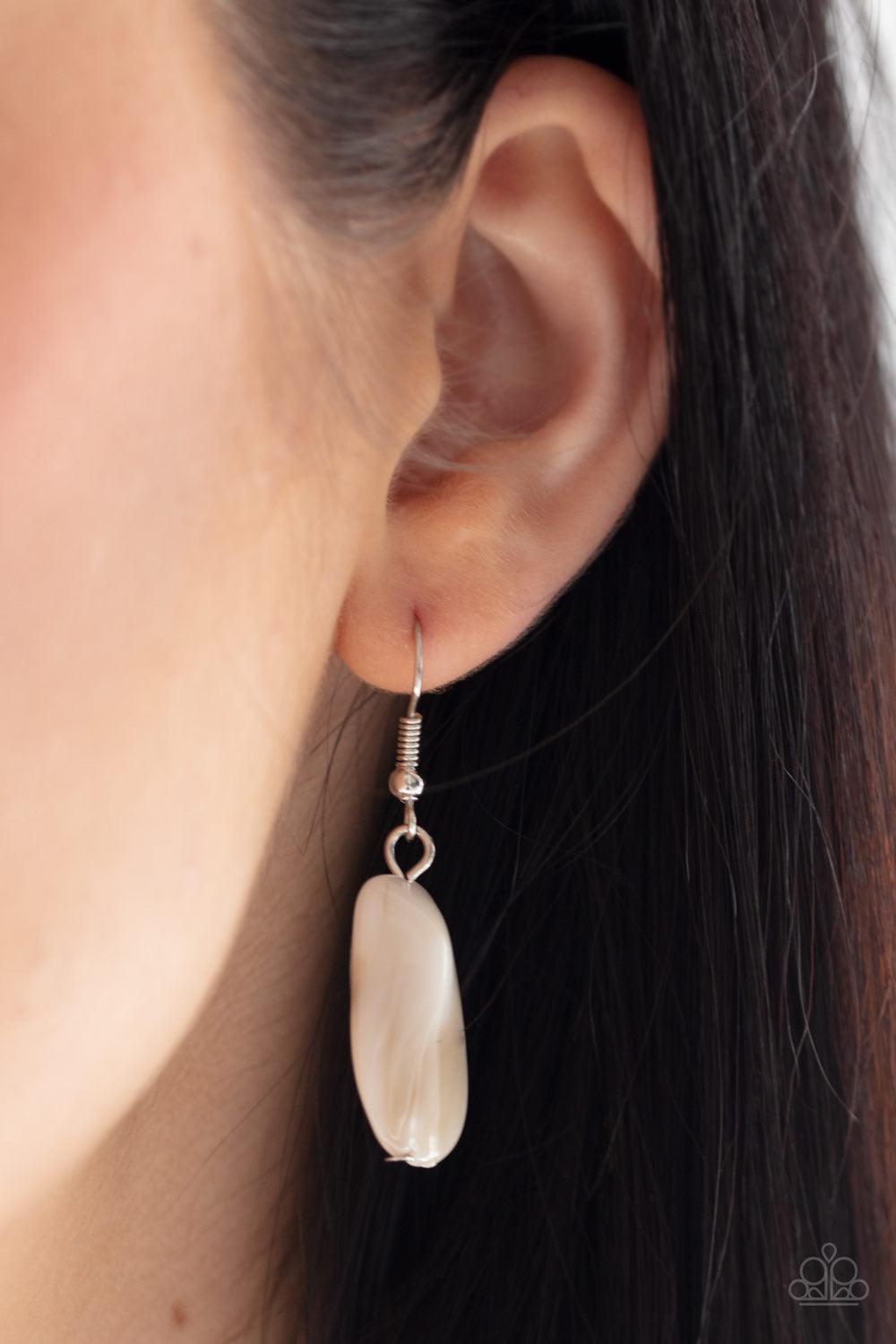 Paparazzi Accessories Seacoast Sunset - Orange A whimsical collection of silver, opaque crystal-like, cloudy white, and faceted coral beads are threaded along invisible wires, creating statement-making layers below the collar. Features an adjustable clasp