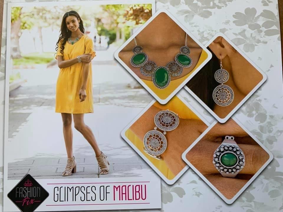 Paparazzi Accessories Glimpse of Malibu: September 2019 The Glimpses of Malibu collection was created with inspiration from the styles of Malibu, CA. Styles in this Trend Blend will feature fun, livable fashion with an upscale flavor. The color are usuall