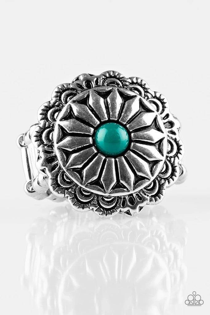 Paparazzi Accessories Daringly Daisy - Green A refreshing green bead is pressed into a glistening silver frame radiating into a floral detail for a seasonal look. Features a stretchy band for a flexible fit. Sold as one individual ring. Jewelry