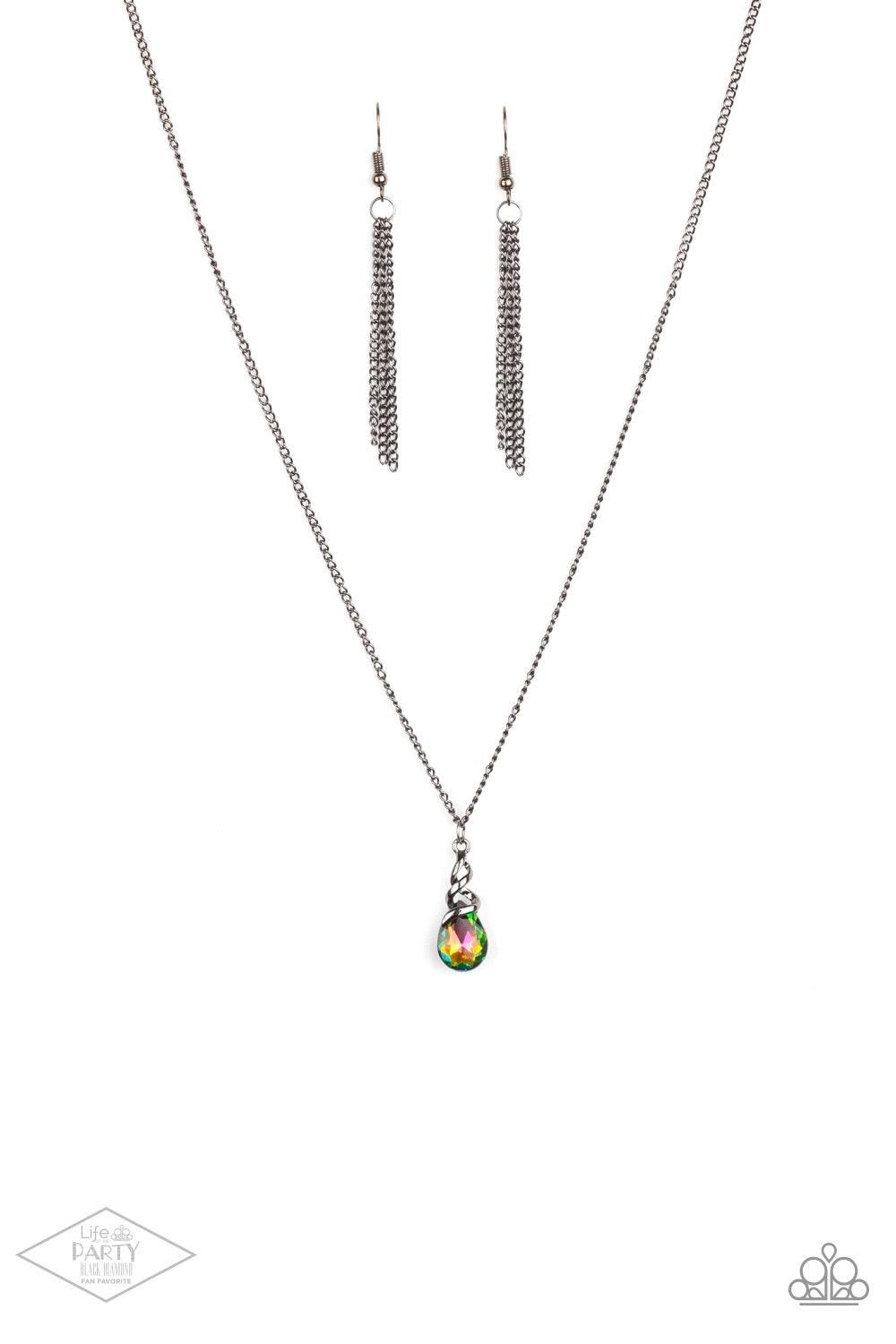 Paparazzi Accessories Timeless Trinket - Multi A shimmery gunmetal wire-like frame wraps around the top of a glittery rainbow teardrop gem, creating a timeless pendant below the collar. Features an adjustable clasp closure. Sold as one individual necklace