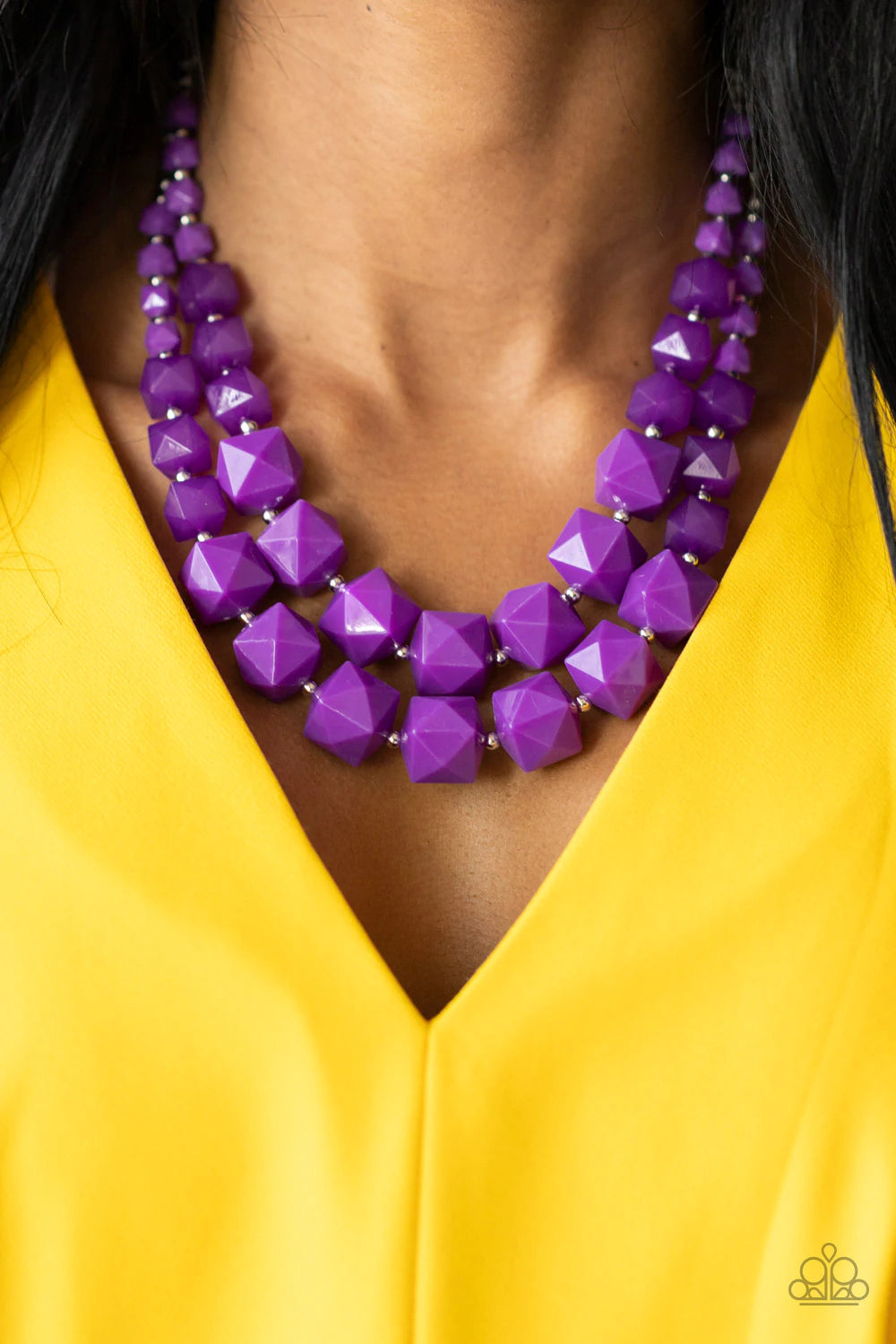 Paparazzi Accessories Summer Excursion - Purple A faceted collection of translucent and solid Amethyst Orchid cube beads gradually increase in size as they alternate with dainty silver beads below the collar. Infused with sections of classic silver chains