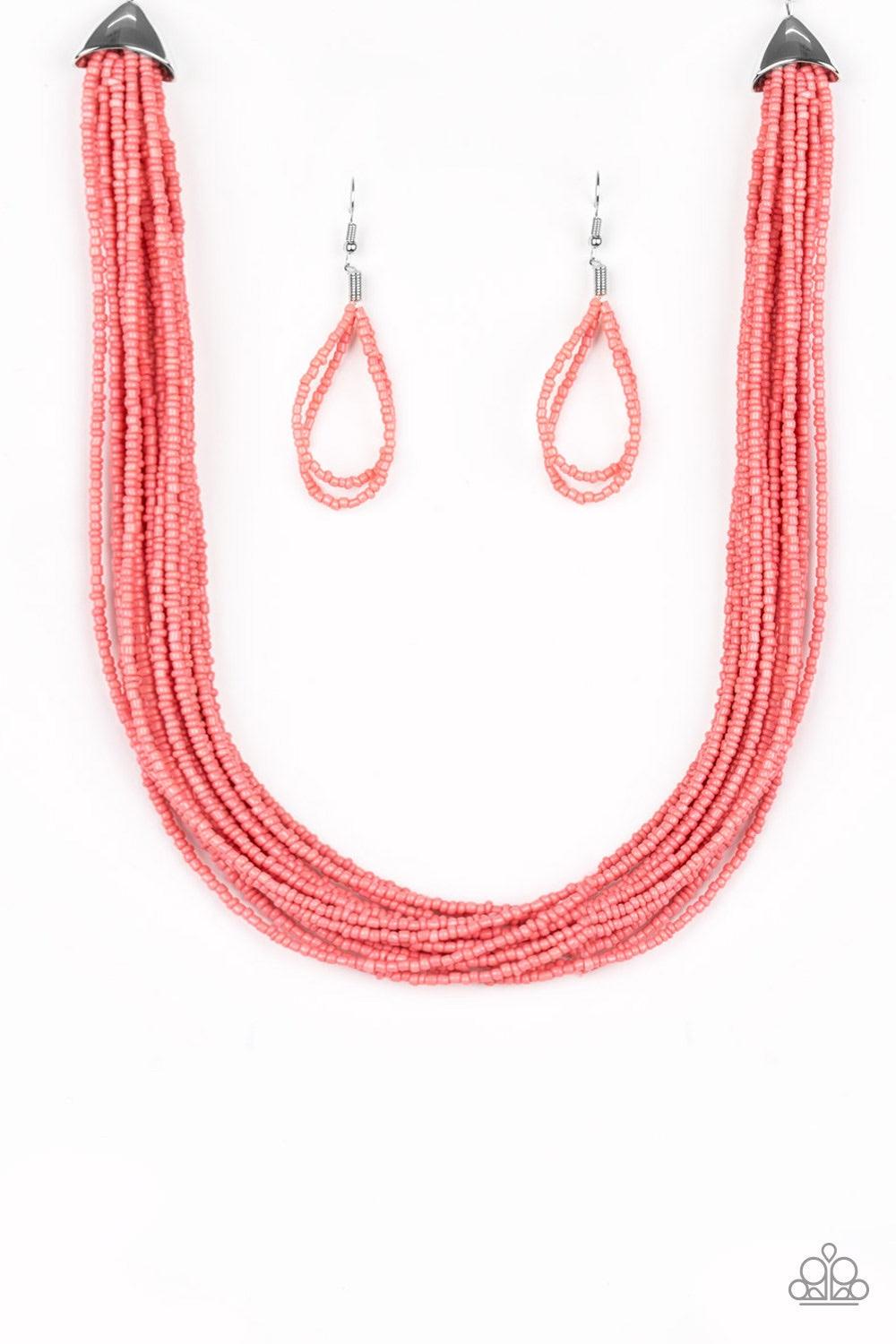 Paparazzi Accessories Wide Open Spaces - Orange Infused with two large silver fittings, refreshing coral seed beads are threaded along countless strands, creating dramatic layers below the collar for a seasonal look. Features an adjustable clasp closure.