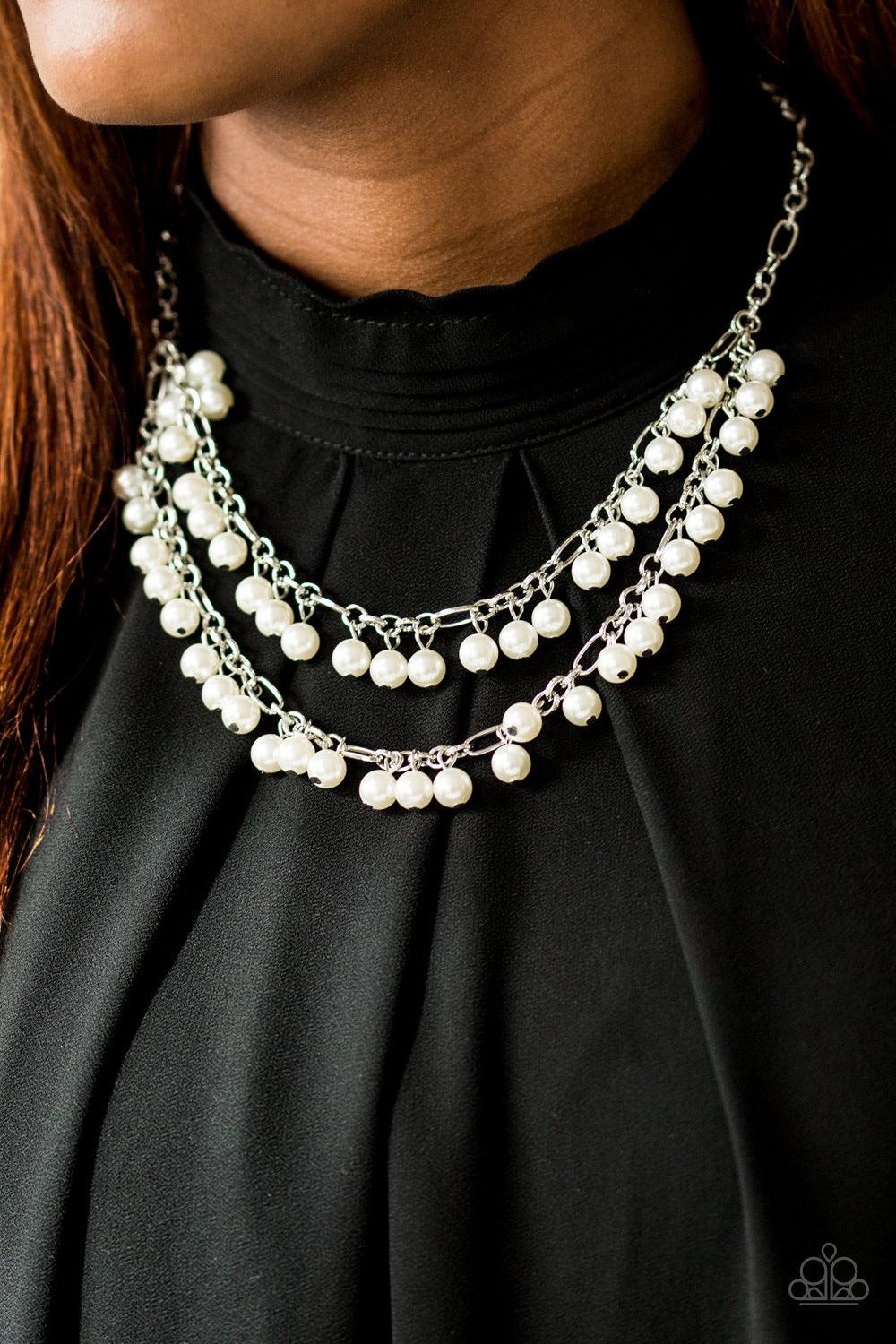 Paparazzi Accessories Beauty Shop Fashion - White Classic white pearls swing from the bottom of mismatched silver links, creating refined layers below the collar for a timeless look. Features an adjustable clasp closure. Sold as one individual necklace. I
