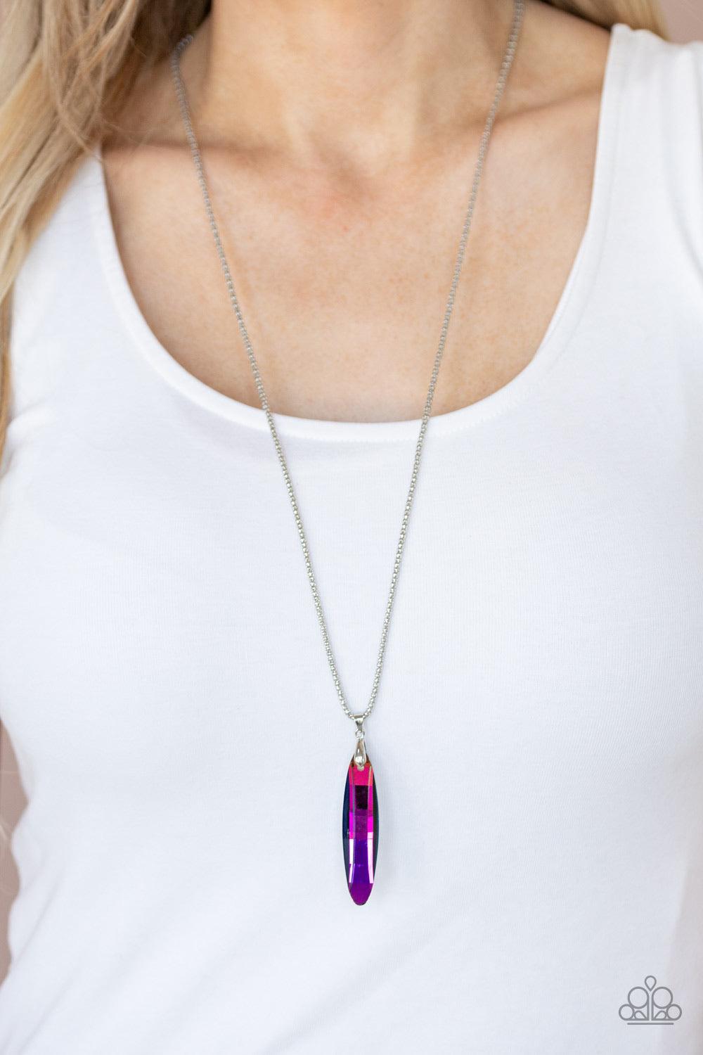 Paparazzi Accessories Meteor Shower - Multi Featuring a metallic back, a faceted oil spill gem swings from the bottom of a lengthened silver popcorn chain for an edgy look. Features an adjustable clasp closure. Sold as one individual necklace. Includes on