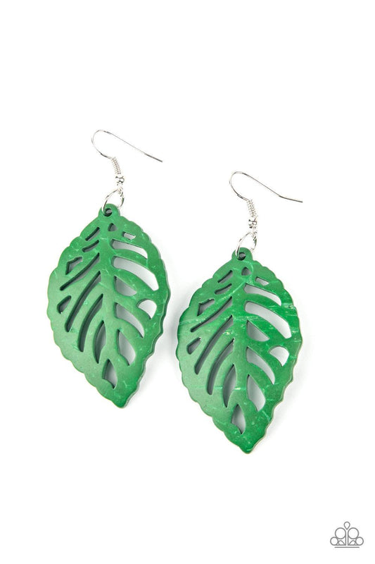 Paparazzi Accessories LEAF Em Hanging - Green Brushed in a distressed green finish, an airy wooden frame has been cut into a leafy stenciled design for a woodsy look. Earring attaches to a standard fishhook fitting. Sold as one pair of earrings. Jewelry