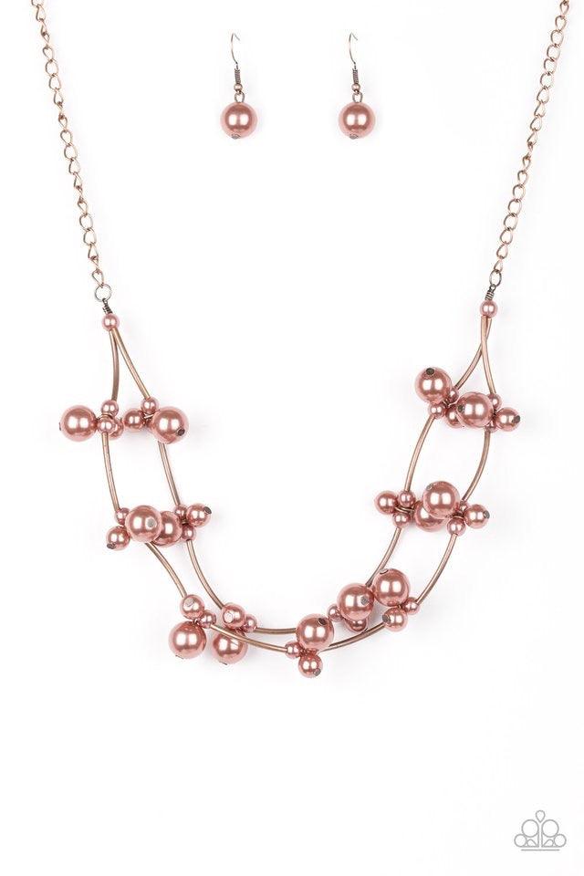 Paparazzi Accessories Wedding BELLES - Copper Cylindrical copper beads and clusters of pearly copper beads are threaded along invisible wires, creating bubbly layers below the collar for a refined look. Features an adjustable clasp closure. Jewelry