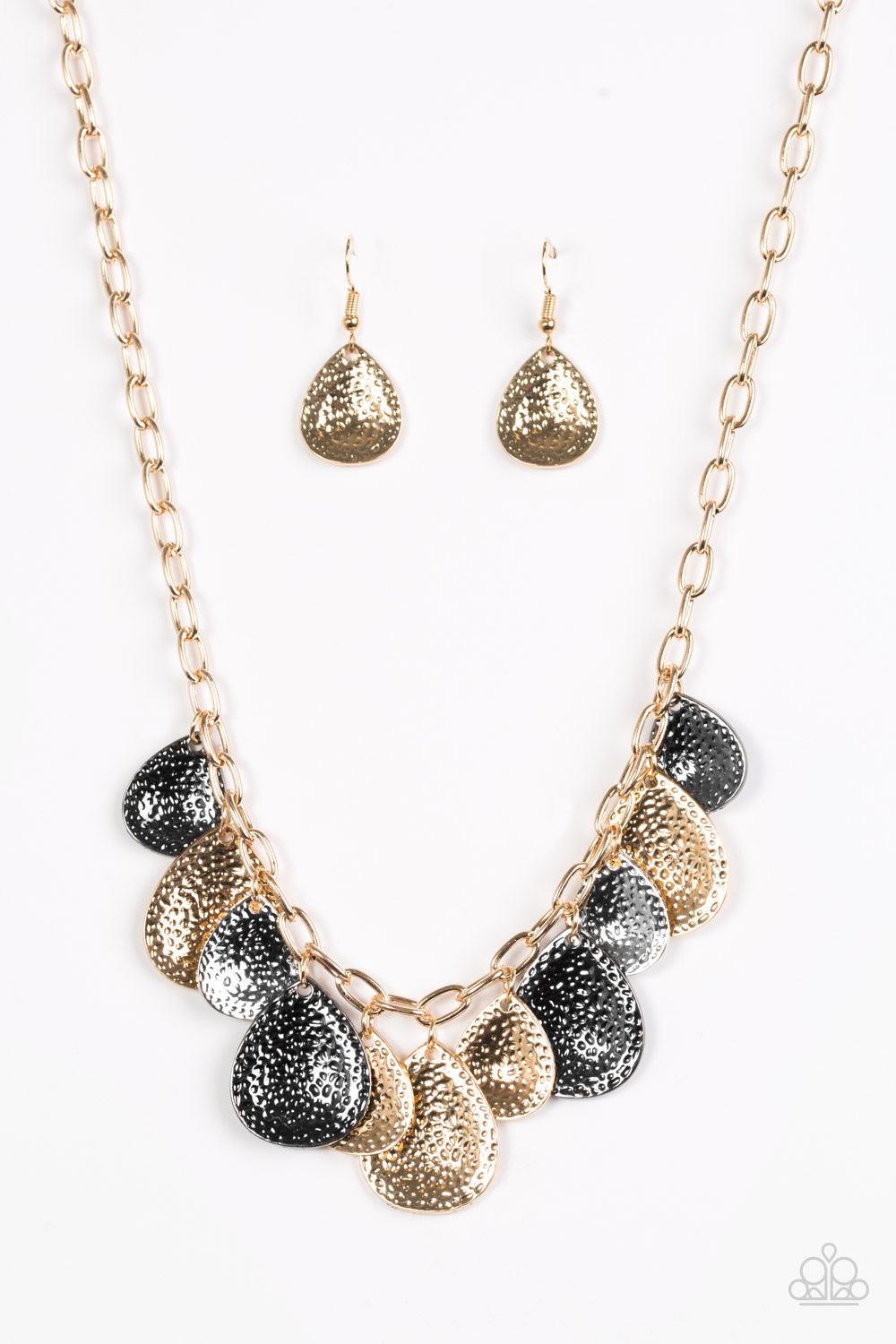 Paparazzi Accessories Storm Goddess - Multi Delicately hammered in light-catching shimmer, gold, gunmetal, and silver teardrops drip from the bottom of a glistening gold chain, creating a bold fringe below the collar. Features an adjustable clasp closure.