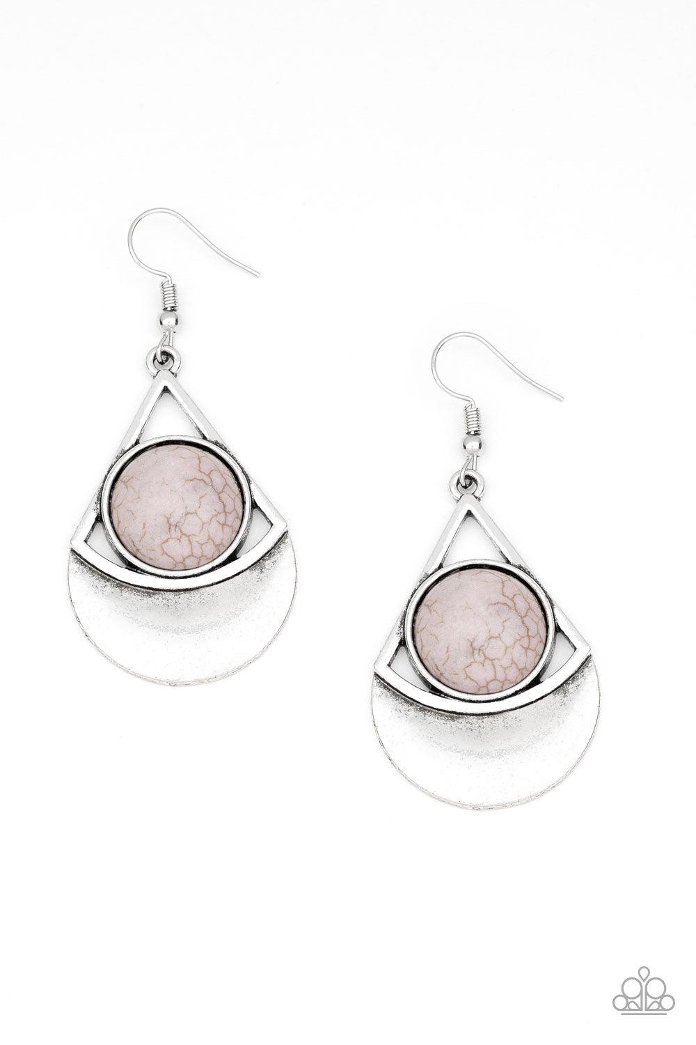 Paparazzi Accessories Sonoran Sailing - Silver Brushed in an antiqued finish, a glistening triangular frame attaches to a shimmery silver crescent frame. A round gray stone is pressed into the center of the geometric frame for a seasonal flair. Earring at