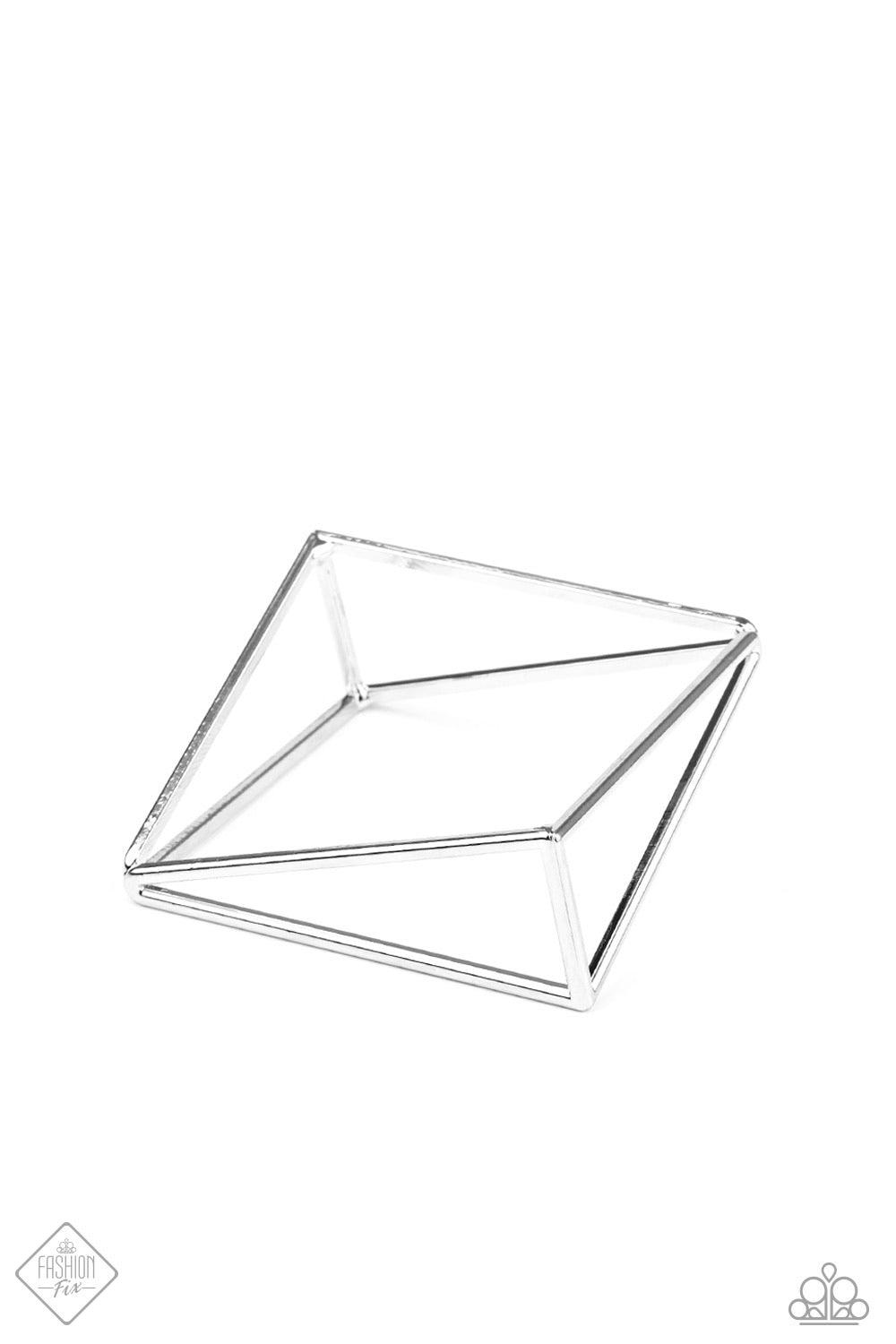 Paparazzi Accessories In Another Dimension - Silver Exaggerated silver triangle frames connect at their edges to create a geometric bangle with three-dimensional drama. Sold as one individual bracelet. Bracelet