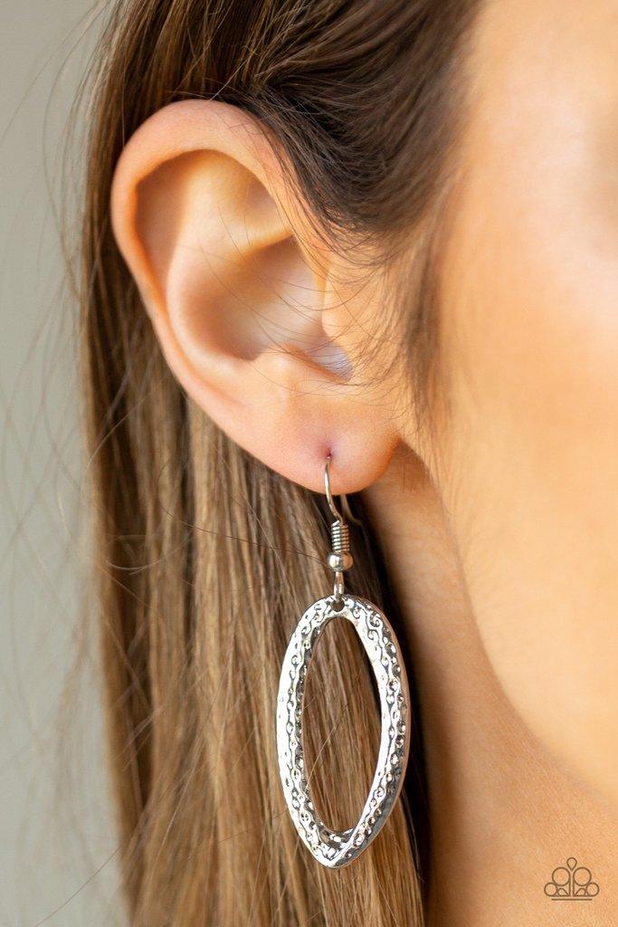 Paparazzi Accessories Urban Artisan - Silver A collection of hammered geometric frames swing from the bottom of a lengthened silver chain, creating a bold artisan inspired pendant. Features an adjustable clasp closure. Sold as one individual necklace. Inc