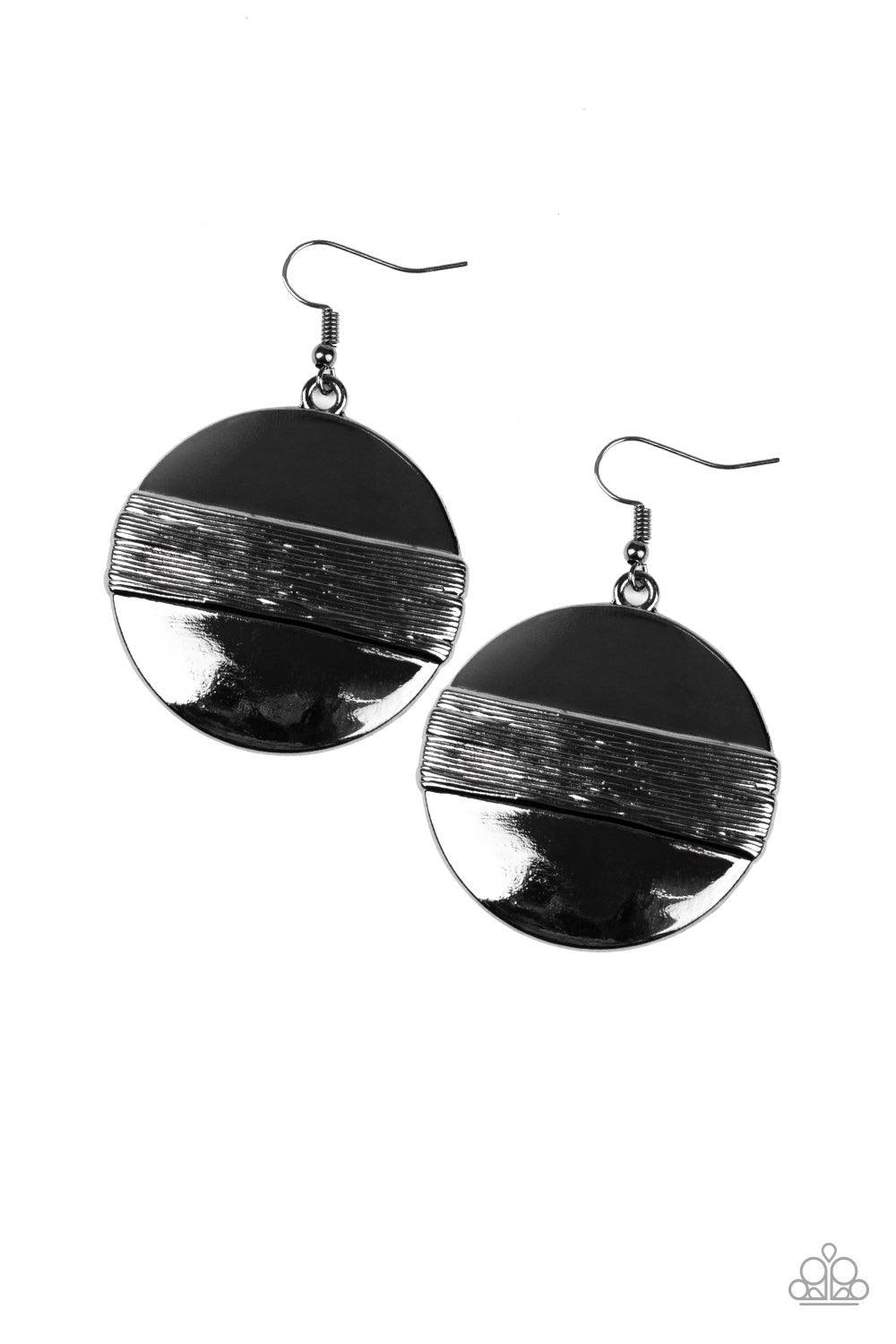 Paparazzi Accessories Ultra Uptown ~Black A textured gunmetal band wraps around the center of a glistening gunmetal disc, creating an edgy frame. Earring attaches to a standard fishhook fitting.