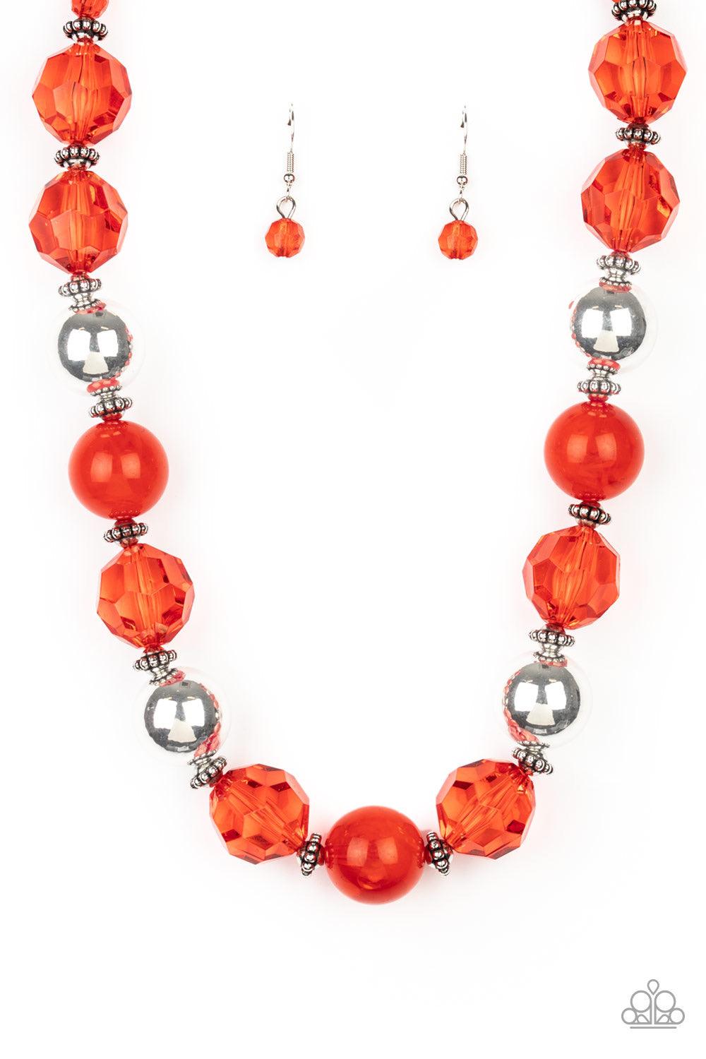 Paparazzi Accessories Very Voluminous ~Red Infused with dainty silver accents, exaggerated display of oversized silver beads, faceted red crystal-like beads, and cloudy red beads are threaded along an invisible wire below the collar for a colorfully state