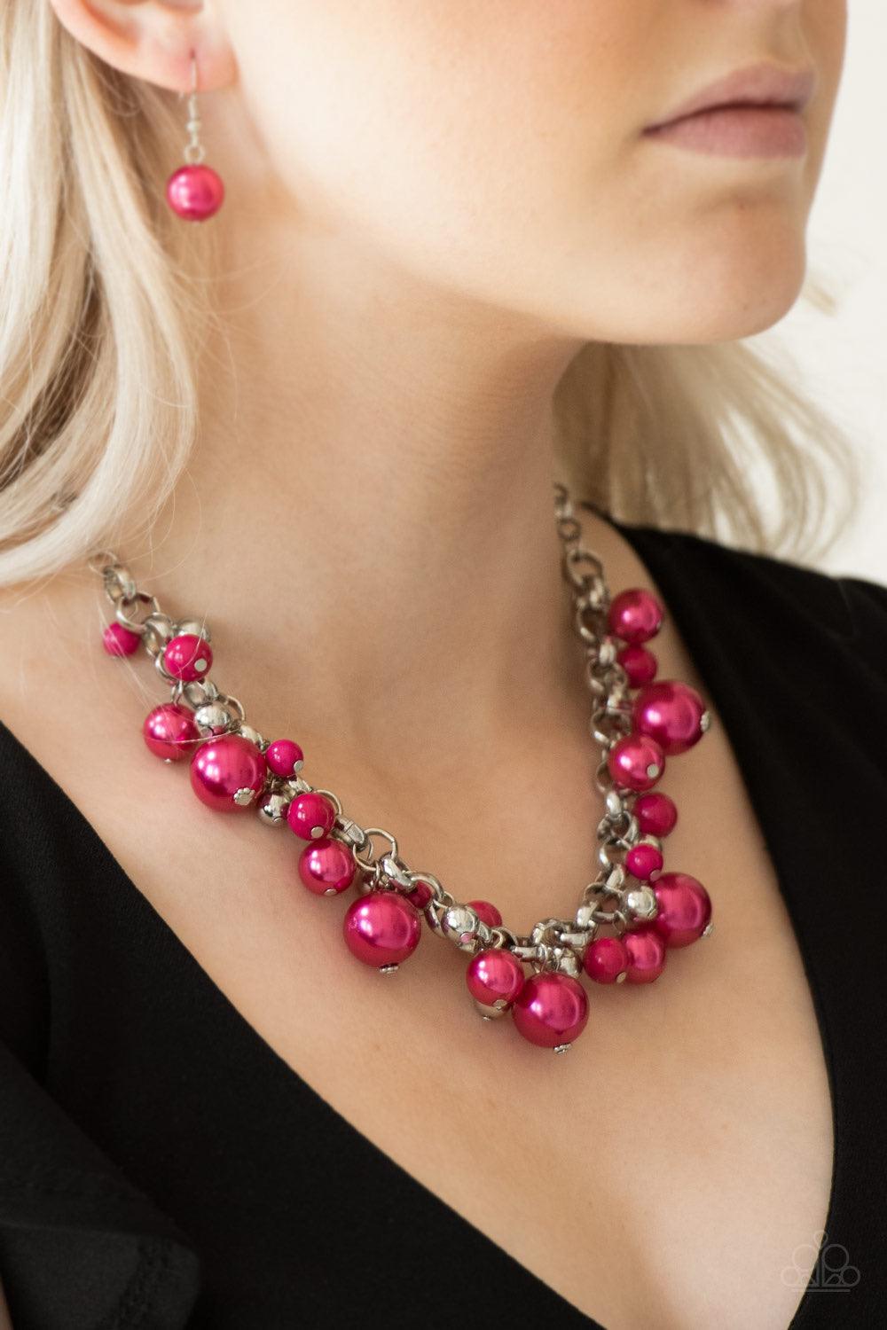 Paparazzi Accessories The Upstater - Pink Varying in size, bubbly Granita pearls, classic silver beads, and shiny Granita beads swing from the bottom of a glistening silver chain, creating a refined fringe below the collar. Features an adjustable clasp cl