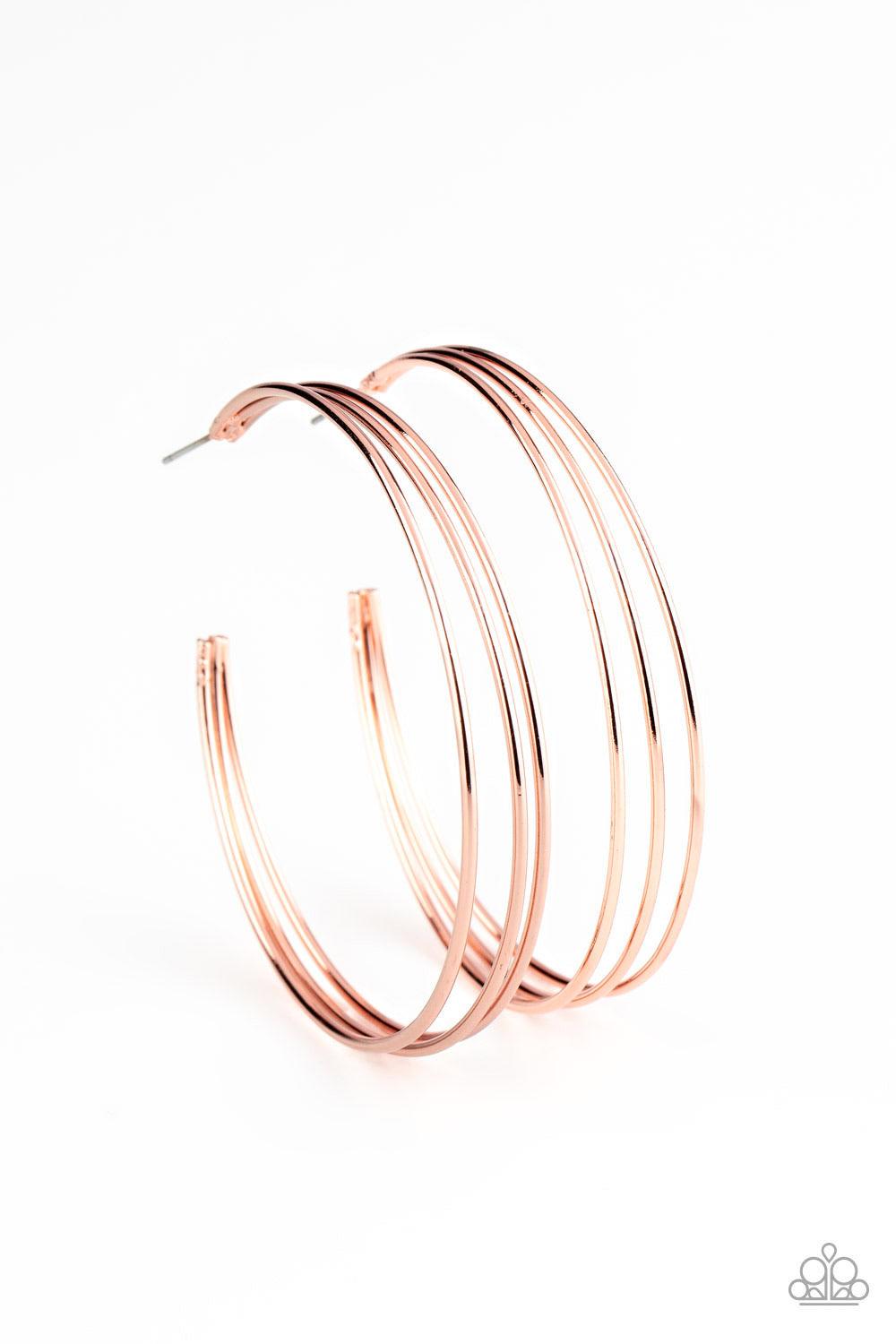 Paparazzi Accessories Rimmed Radiand - Copper A trio of shiny copper hoops are stacked into a dramatically layered display. Earring attaches to a standard post fitting. Hoop measures approximately 2 1/2" in diameter. Sold as one pair of hoop earrings. Jew