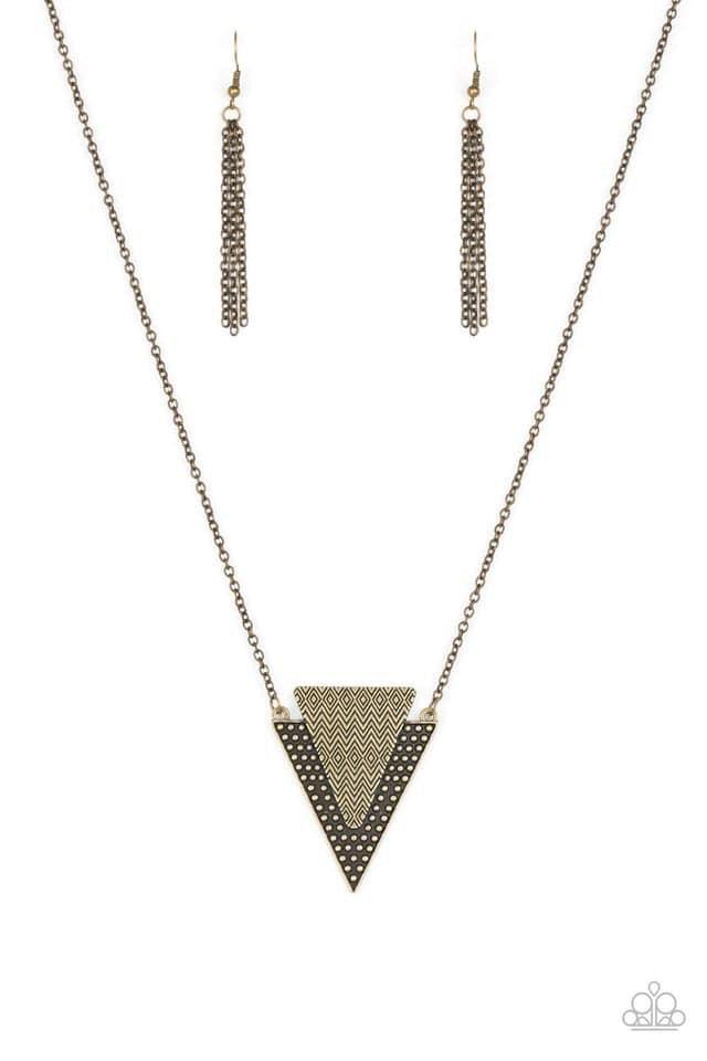 Paparazzi Accessories Ancient Arrow - Brass Stamped and studded in indigenous inspired textures, a stacked triangular pendant swings from the bottom of an elongated brass chain for a trendy tribal look. Features an adjustable clasp closure. Jewelry