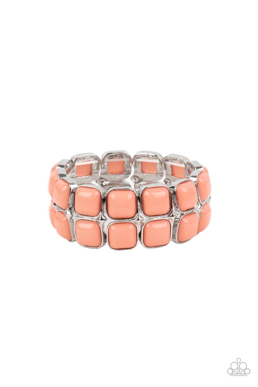 Paparazzi Accessories Double The DIVA-ttitude - Orange Stacks of cubed Burnt Coral beaded silver frames are threaded along a stretchy band around the wrist, creating a bubbly pop of color. Sold as one individual bracelet. Bracelets