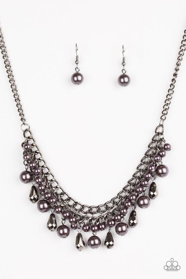 Paparazzi Accessories Imperial Idol - Black Varying in size, pearly gunmetal beads and faceted gunmetal teardrops drip from the bottoms of interlocking gunmetal chains, creating a bold industrial fringe below the collar. Features an adjustable clasp closu