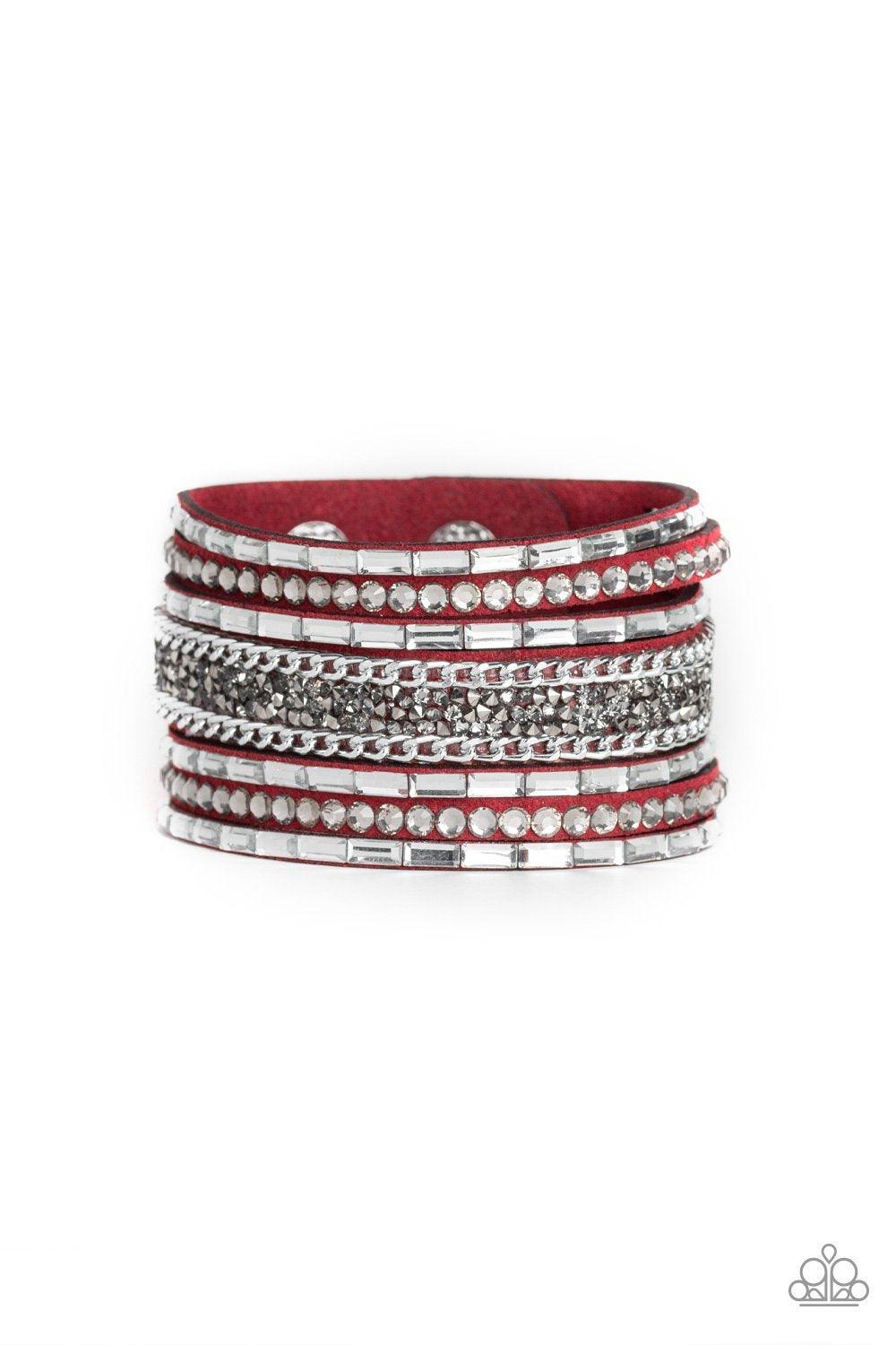 Paparazzi Accessories Rhinestone Rumble - Red White emerald-cut rhinestones, smoky round rhinestones, and metallic prism-shaped rhinestones are sprinkled along strands of red suede. Shimmery silver chain is added to the mix for a sassy industrial finish.