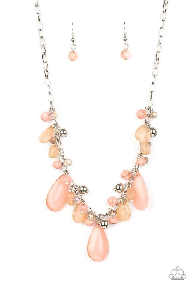 Paparazzi Accessories Seaside Solistice - Pink Featuring classic round and tranquil teardrop shapes, a glassy and opaque collection of Rose Tan, Peach Nougat, silver, and iridescent beads swing from a shimmery silver chain below the collar, creating an en