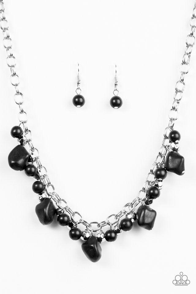 Paparazzi Accessories Paleo Princess - Black Featuring round and asymmetrical cuts, refreshing black stones trickle from the bottom of a double chain-linked chain. Faceted silver beads trickle between the stones, adding a splash of metallic shimmer to the