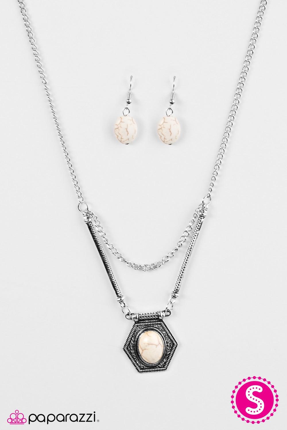 Paparazzi Accessories Desert Soul - White Hanging from two textured rods, a white stone is pressed into a shimmering silver frame for an artisanal vibe. An additional silver chain runs horizontally across the palette, adding a free-spirited flair to the s