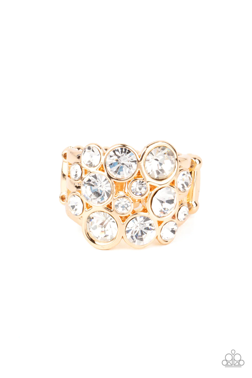 Paparazzi Accessories Bubbling Bravado - Gold Encased in sleek gold frames, a bubbly collection of sparkly white rhinestones coalesces into a glamorous band across the finger. Features a stretchy band for a flexible fit. Sold as one individual ring. Jewel