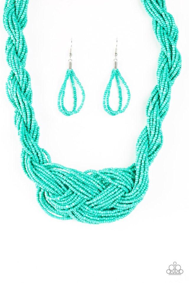 Paparazzi Accessories A Standing Ovation - Blue Countless strands of turquoise seed beads are twisted and knotted together to create an unforgettable statement piece. Features an adjustable clasp closure. Sold as one individual necklace. Includes one pair