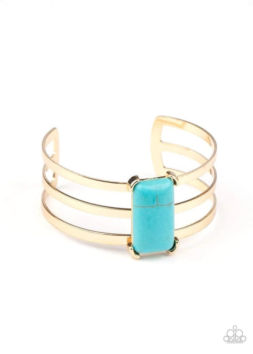 Paparazzi Accessories Rural Recreation - Blue Chiseled into a sleek rectangle, a refreshing turquoise stone is pressed into the center of a gold layered cuff for a seasonal flair. Sold as one individual bracelet. Jewelry