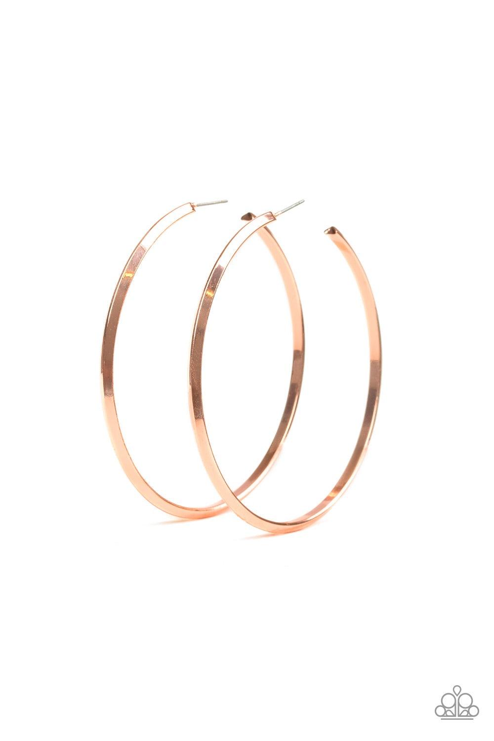 Paparazzi Accessories 5th Avenue Attitude - Copper Brushed in an antiqued shimmer, a glistening copper bar curls into a sleek hoop for a classic look. Earring attaches to a standard post fitting. Hoop measures 2 1/2" in diameter. Jewelry