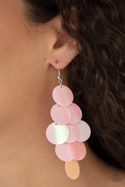 Paparazzi Accessories Mermaid Shimmer - Pink Bubbly pink iridescent discs cascade from the ear, coalescing into an effervescent lure. Earring attaches to a standard fishhook fitting. Jewelry