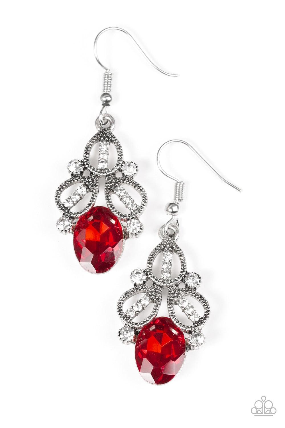 Paparazzi Accessories A CROWN Pleaser - Red Encrusted in dainty white rhinestones, silver teardrop frames stack atop a fiery red gem for a regal look. Earring attaches to a standard fishhook fitting. Jewelry