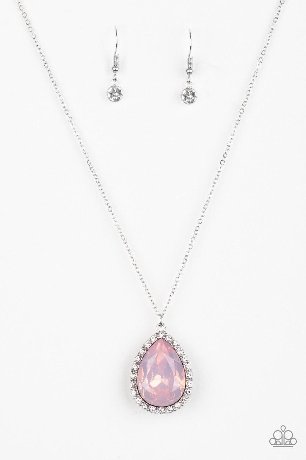 Paparazzi Accessories Come of AGELESS - Pink A teardrop pink stone is pressed into a silver frame surrounded by white rhinestones, creating a tranquil pendant below the collar. Features an adjustable clasp closure. Sold as one individual necklace. Include