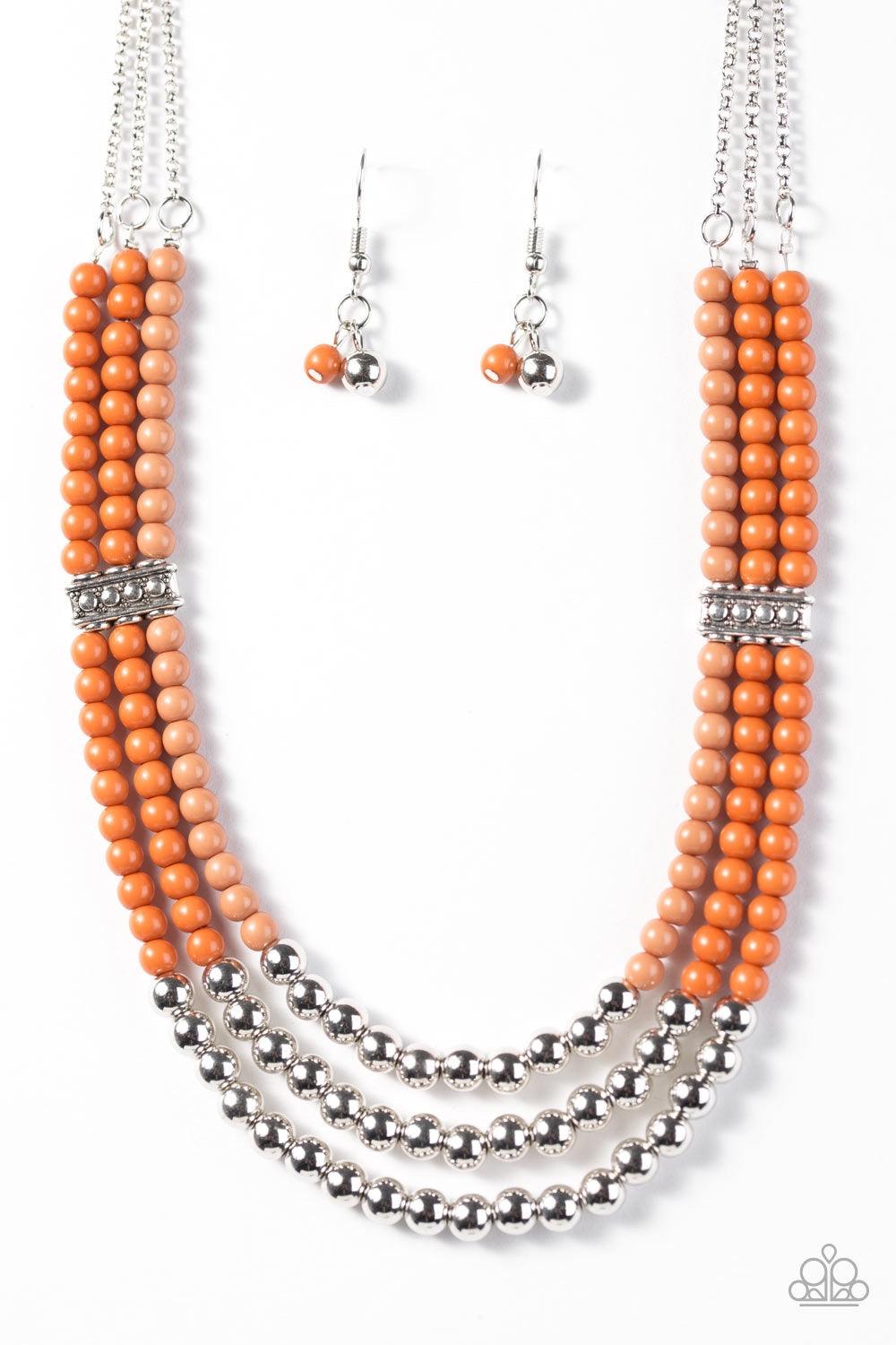 Paparazzi Accessories Just BEAD You - Orange Secured in place by two silver accent pieces, three colorful strands of orange, brown, and silver beading layer below the collar in a seasonal fashion. Features an adjustable clasp closure. Jewelry