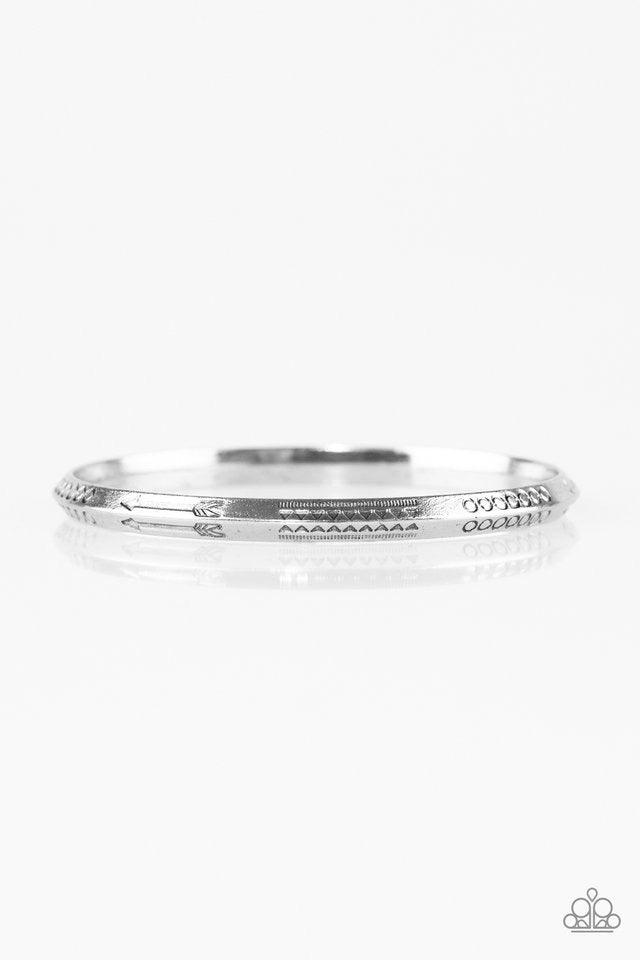 Paparazzi Accessories Aim Higher - Silver Stamped in geometric and arrow patterns, an antiqued silver bangle slides along the wrist for a tribal inspired look. Jewelry