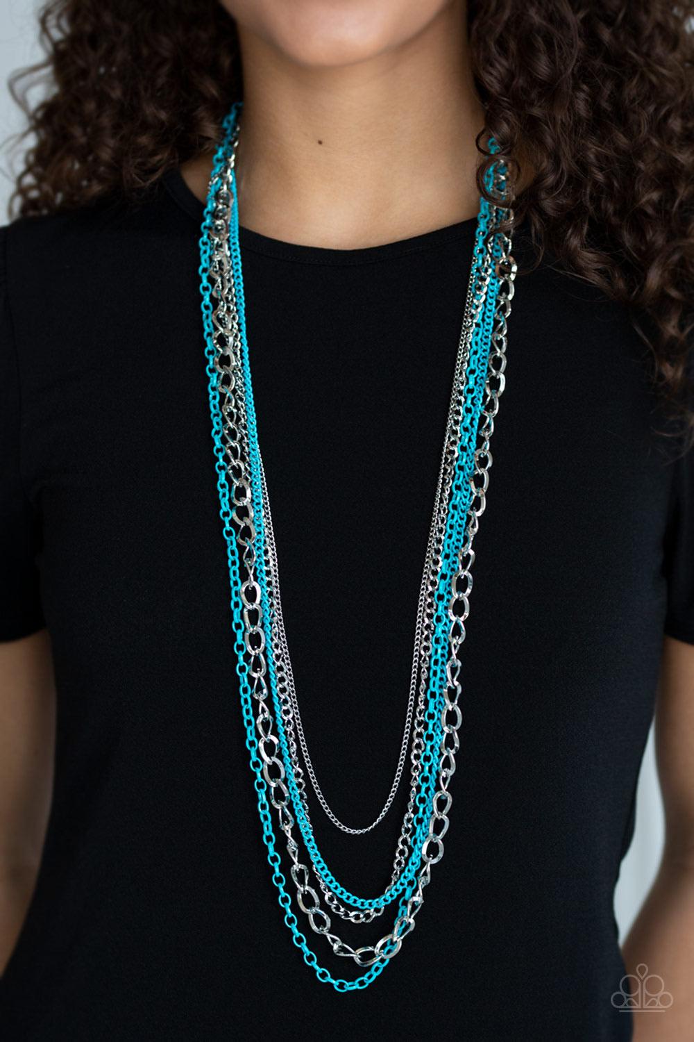 Paparazzi Accessories Industrial Vibrance - Blue A collision of mismatched silver and vivacious blue chains layer down the chest for a colorful industrial flair. Features an adjustable clasp closure. Jewelry