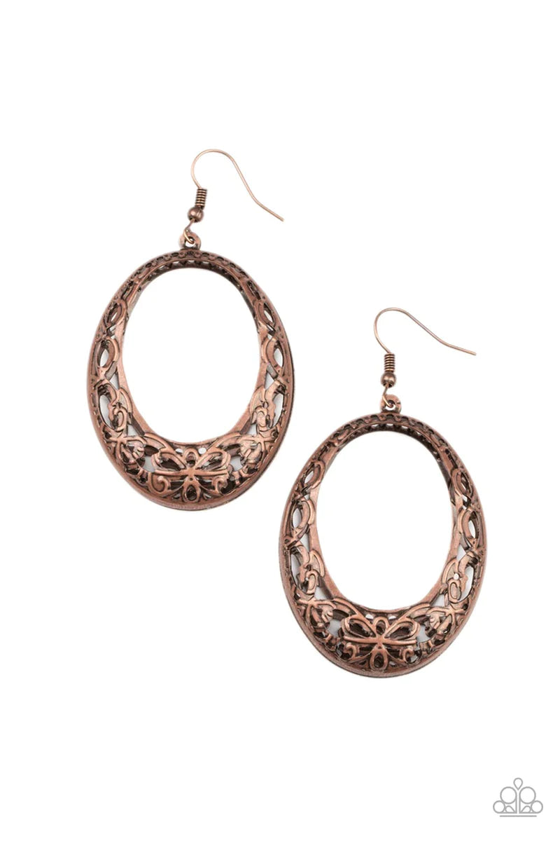 Paparazzi Accessories Gardenista Grandeur - Copper Brushed in an antiqued shimmer, copper floral filigree delicately curves into whimsical frames that delicately connect into a 3 dimensional oval lure for a seasonal fashion. Earring attaches to a standard