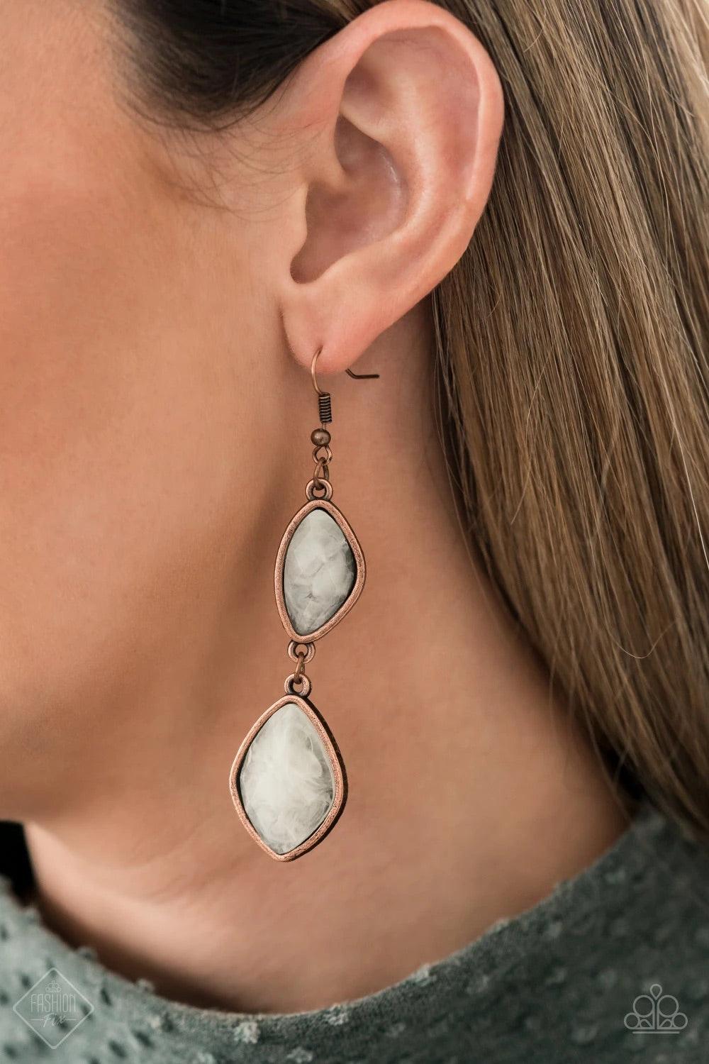 Paparazzi Accessories The Oracle Has Spoken - Copper Featuring dramatically faceted surfaces, cloudy faux stone beads are pressed into rustic copper frames that link into a whimsically refined lure. Earring attaches to a standard fishhook fitting. Sold as