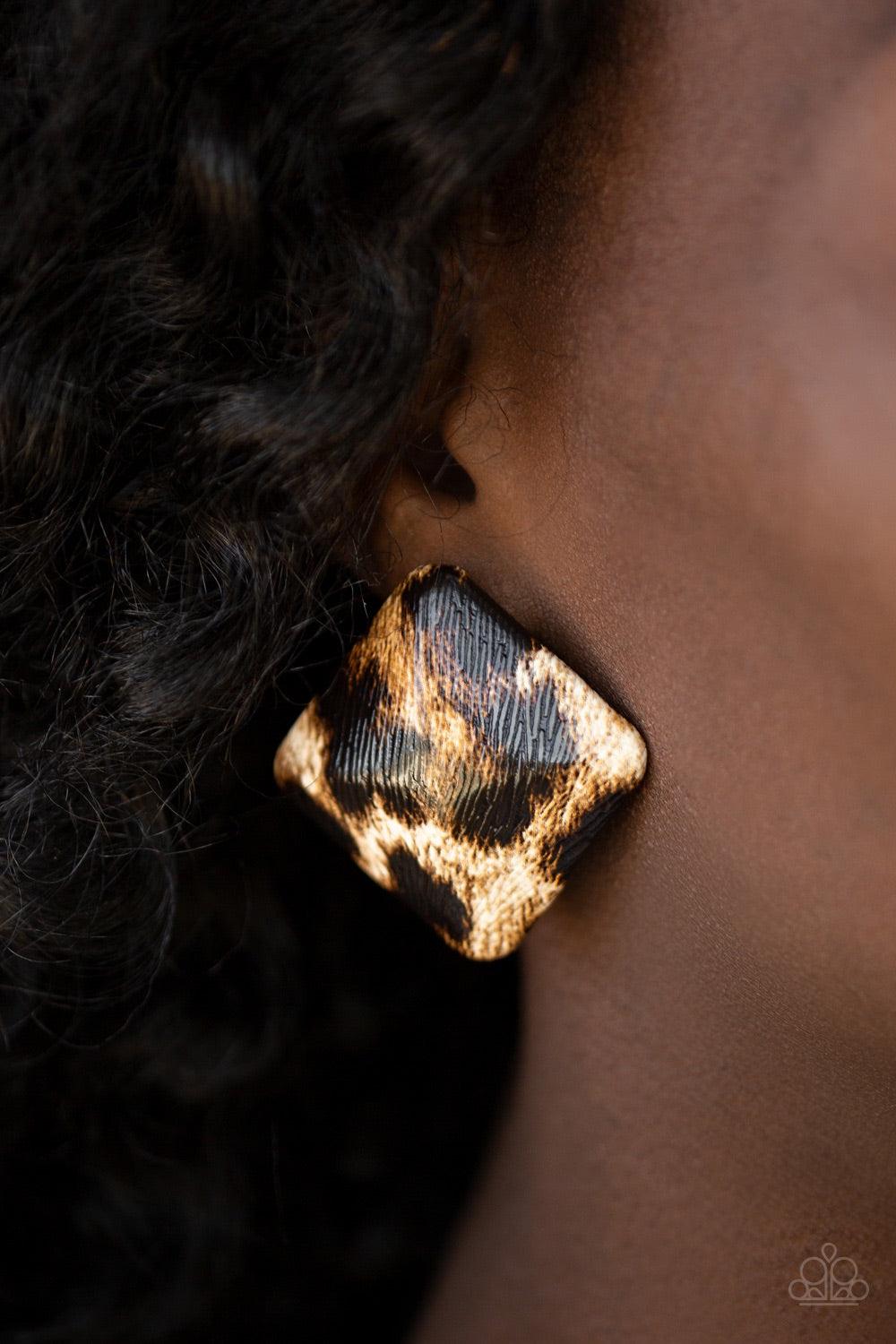 Paparazzi Accessories Making HISS-Tory - Brown Featuring a cheetah-like print, an overly dramatic square frame dots the ear for a statement-making look. Earring attaches to a standard post fitting. Jewelry