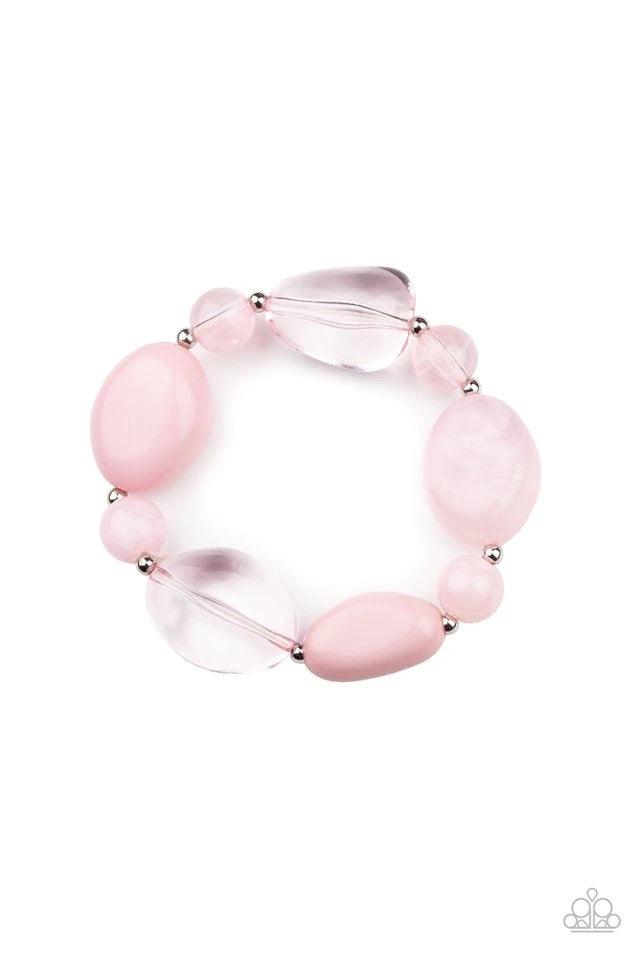 Paparazzi Accessories I Need A STAYCATION - Pink Featuring glassy, opaque, and solid finishes, an array of pink faux stone beads and dainty silver beads are threaded along a stretchy band around the wrist for a boldly colorful fashion. Jewelry