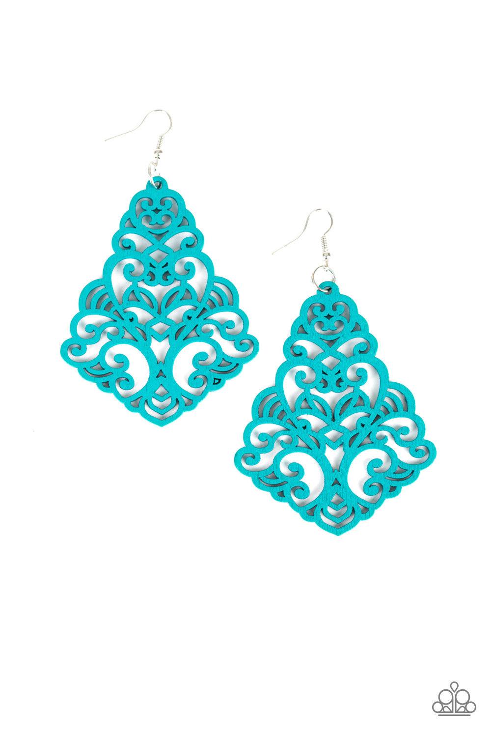 Paparazzi Accessories Powers of ZEN - Blue Painted in a refreshing blue finish, an airy wooden frame swirling with filigree detail swings from the ear for a seasonal look. Earring attaches to a standard fishhook fitting. Jewelry