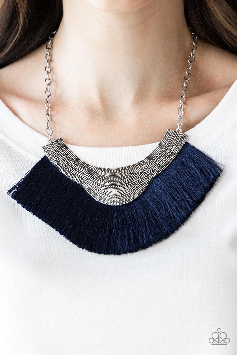 Paparazzi Accessories My PHARAOH Lady - Blue Dotted in ornate detail, a scalloped silver plate gives way to a flirtatious blue fringe, creating a royal statement piece below the collar. Features an adjustable clasp closure. Jewelry