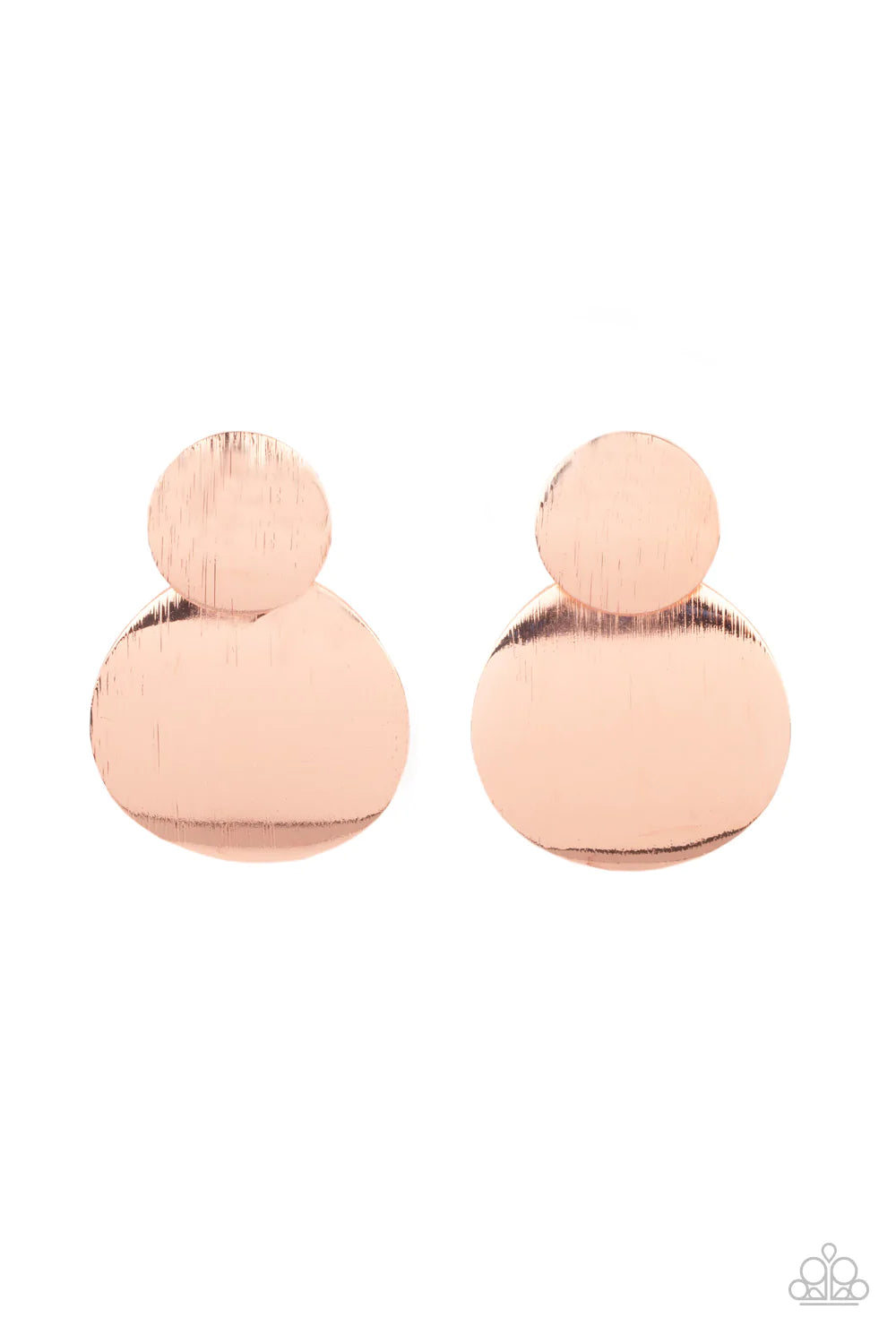 Paparazzi Accessories Here Today, GONG Tomorrow - Copper Delicately scratched in shimmer, curved shiny copper discs link into a stacked lure for a blinding metallic look. Earring attaches to a standard post fitting. Sold as one pair of post earrings. Jewe