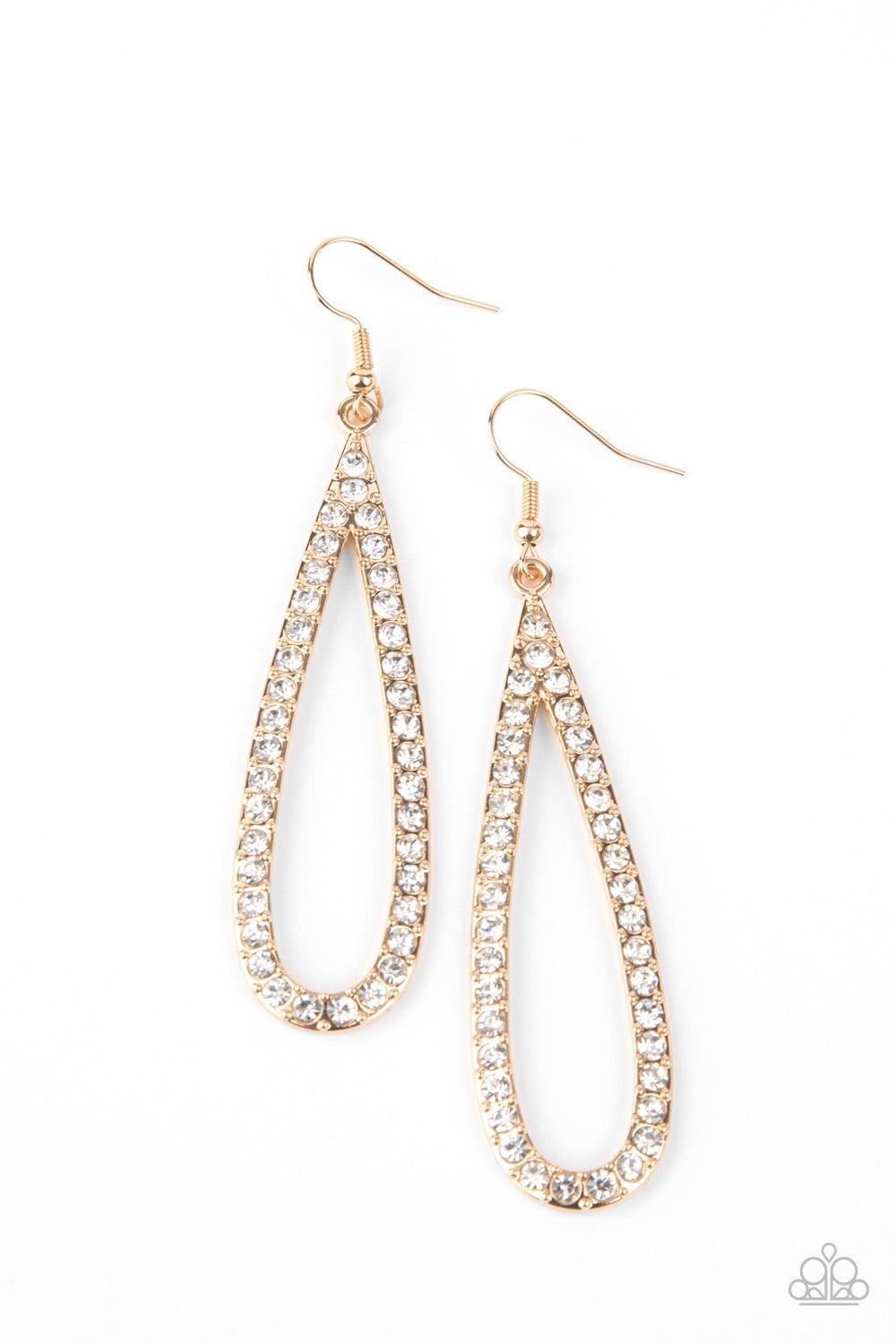 Paparazzi Accessories Glitzy Goals - Gold Glittery white rhinestones are encrusted along the front of an elongated gold teardrop, creating a glitzy lure. Earring attaches to a standard fishhook fitting. Sold as one pair of earrings. Jewelry