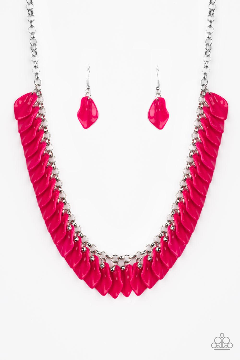 Paparazzi Accessories Super Bloom - Pink Painted in a flamboyant pink finish, curved acrylic petals cascade from the bottom of a shimmery silver chain, creating a flirtatious fringe below the collar. Features an adjustable clasp closure. Sold as one indiv