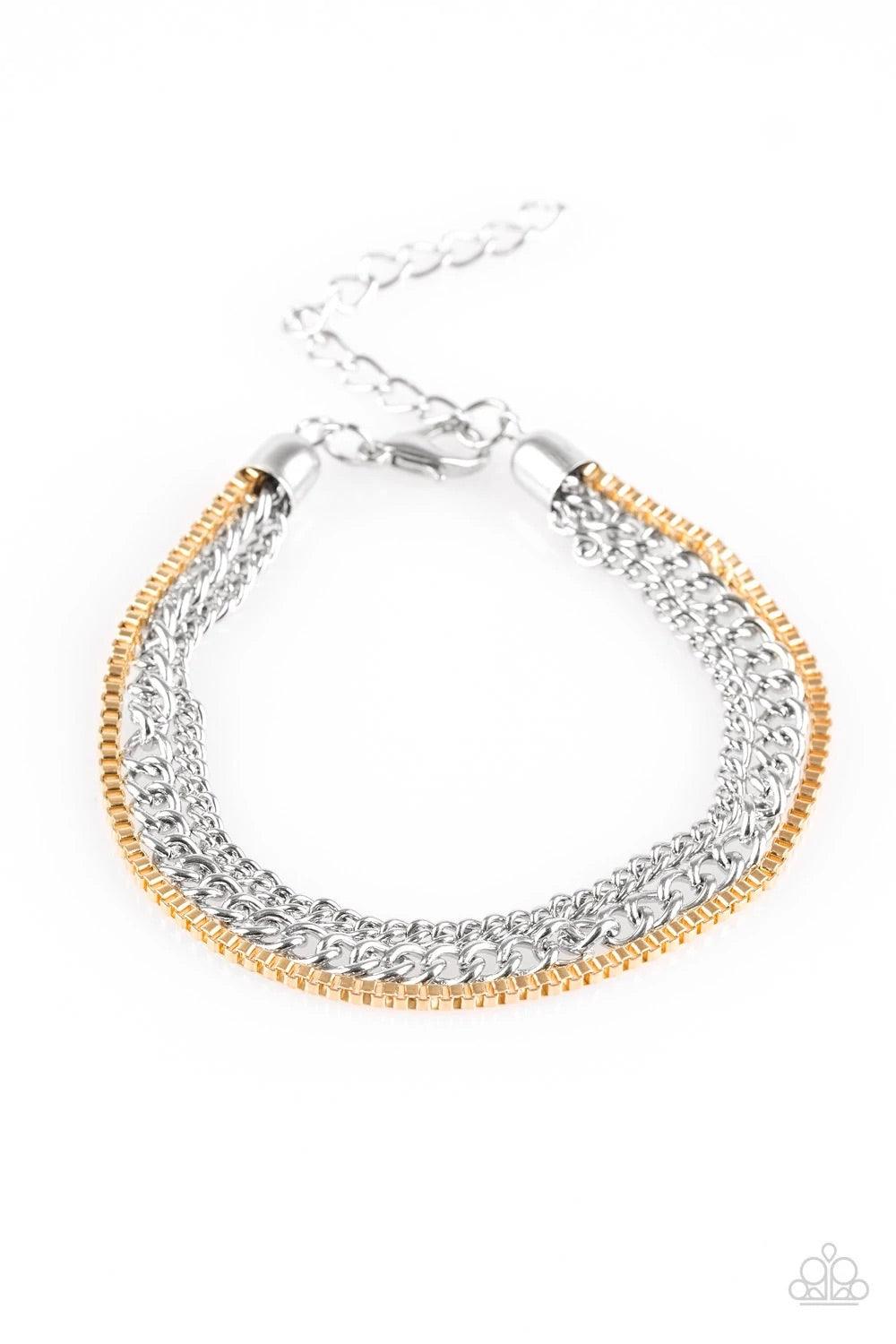 Paparazzi Accessories Industrial Icon - Silver Dainty gold box chain and mismatched silver chains layer across the wrist, creating a collision of industrial textures. Features an adjustable clasp closure. Sold as one individual bracelet. Jewelry