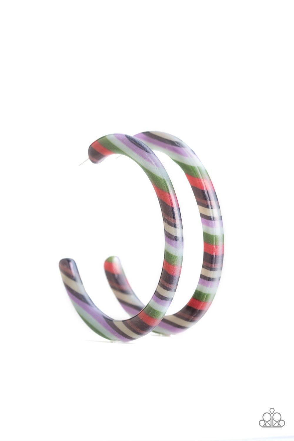 Paparazzi Accessories HAUTE Blooded - Multi Streaked with colorful accents, a striped acrylic hoops curls around the ear for a retro look. Earring attaches to a standard post fitting. Hoop measures approximately 2 1/2" in diameter.Sold as one pair of hoop