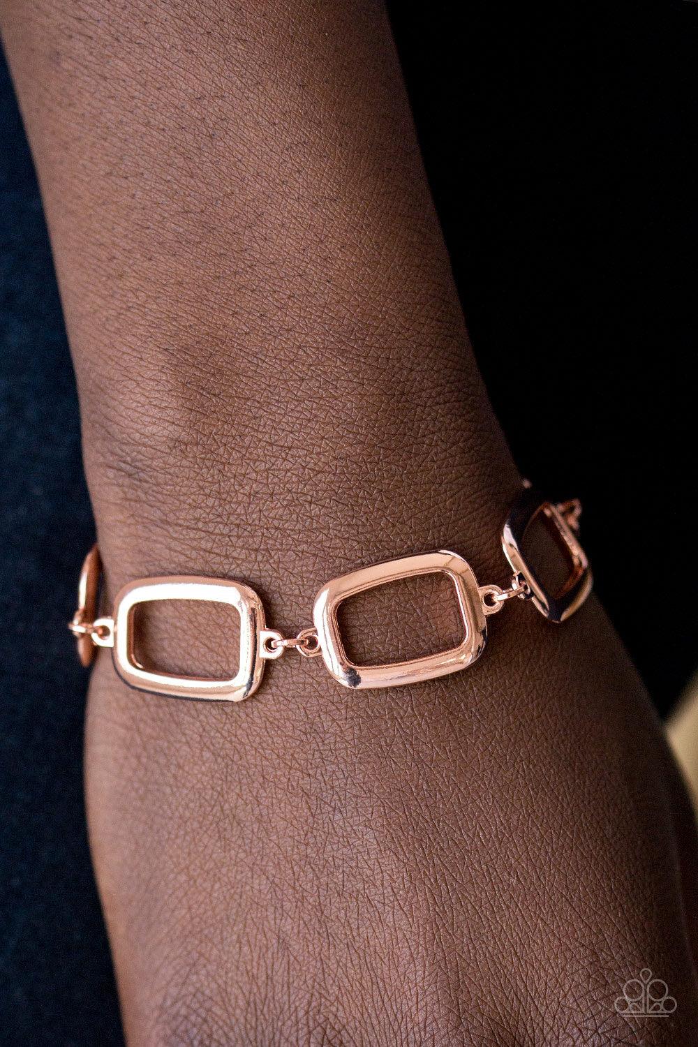 Paparazzi Accessories Basic Geometry - Copper Asymmetrical rectangle frames link around the wrist for an edgy geometric look. Features an adjustable clasp closure. Sold as one individual bracelet. Jewelry