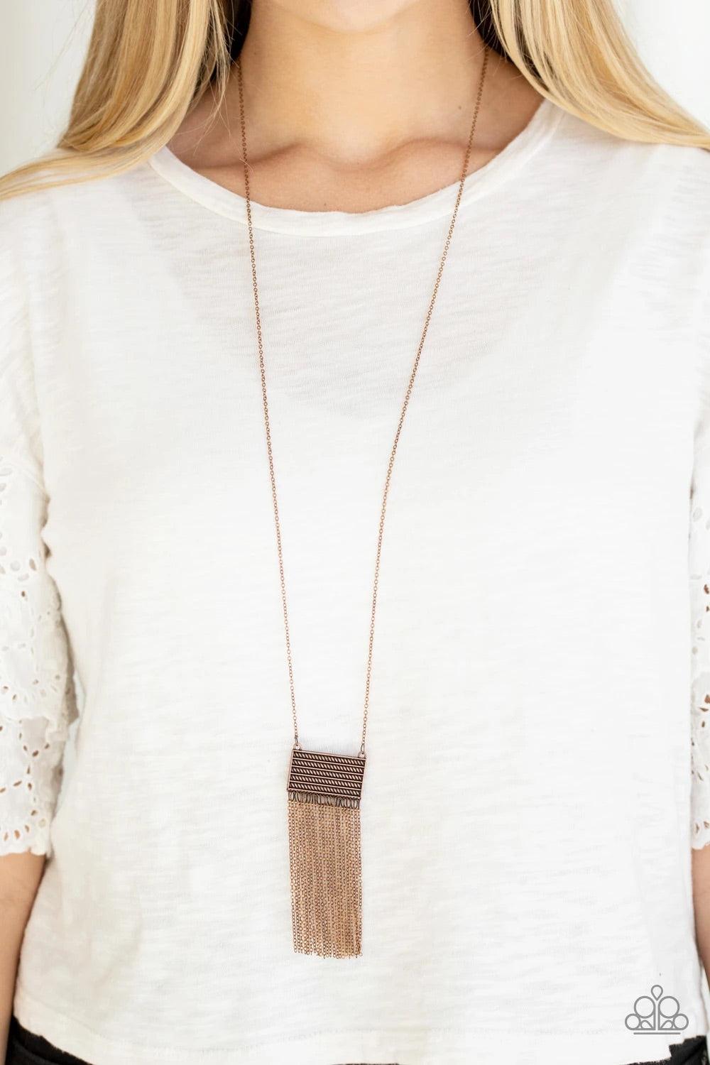 Paparazzi Accessories Totally Tasseled - Copper Radiating with glistening copper textures, a rectangular frame gives way to a dainty copper chain tassel for a seasonal look. Features an adjustable clasp closure. Sold as one individual necklace. Includes o