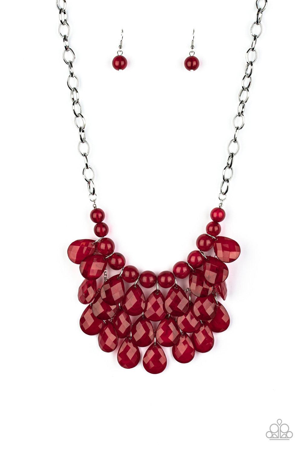 Paparazzi Accessories Sorry To Burst Your Bubble - Red Attached to a bold silver chain, round opaque red beads are threaded along an invisible wire below the collar. Attached to a net of silver chains, faceted opaque teardrops cascade from the bottom of t